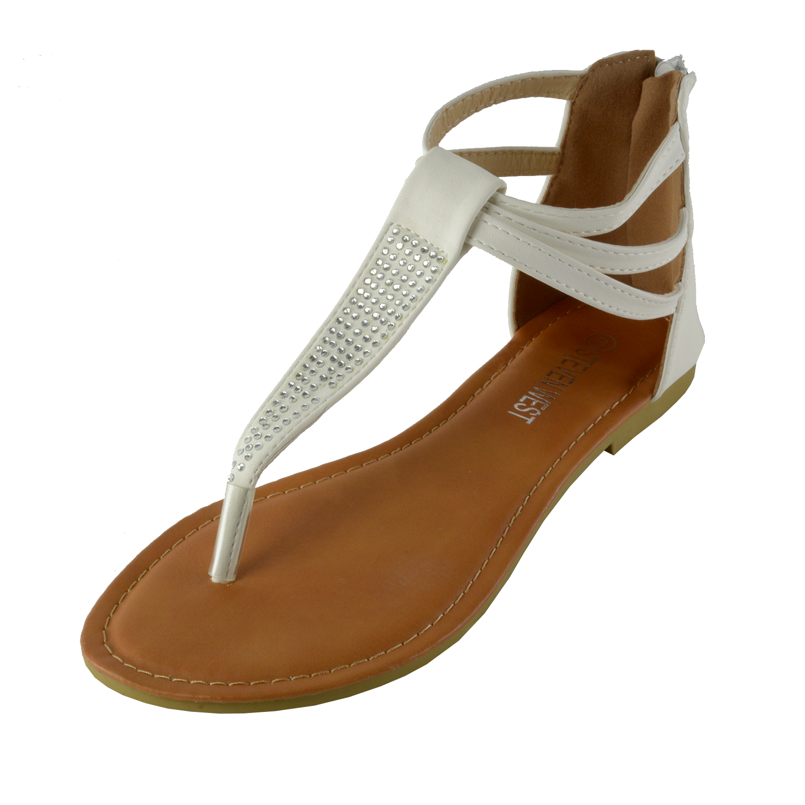 Women's Rhinestone T-Strap Thong Ankle Strap Back Zip Gladiator Flat Sandals | eBay